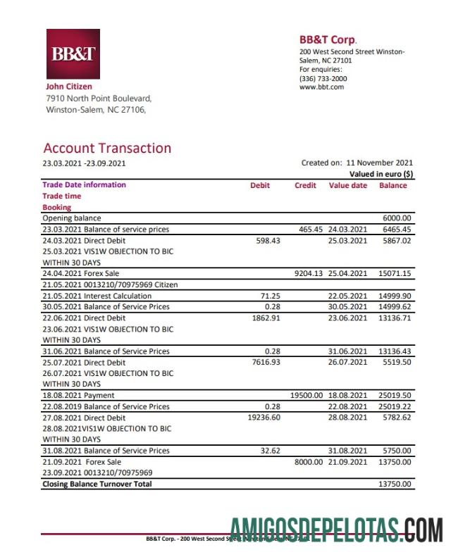 Exemplo de PDF em Excel da USA BB&T Corp.